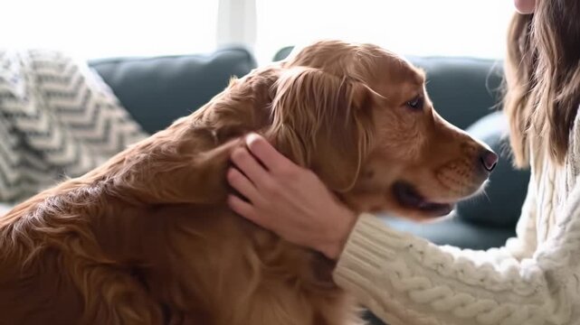 medium close-up video of human hands in soft knitwear gently stroking a contented pet's fur, soft bokeh of cozy home decor, warm natural daylight. Concept of serene domestic bliss