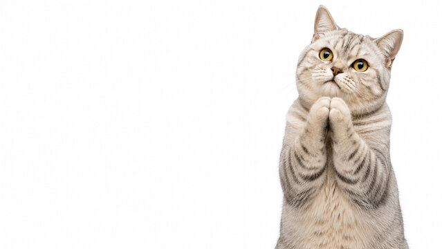 Please reaction British shorthair cat with paws together on white background with copy space