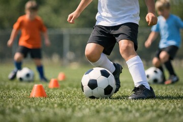 Fototapeta premium Close Up Of Young Soccer Player Dribbling Football Ball During Training Session On Outdoor Grass Field. Youth Football Practice With Cones And Blurred Children In Background. Sports Academy And Active