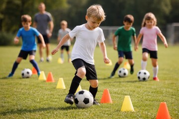 Fototapeta premium Young Boy Practicing Soccer Dribbling Around Training Cones During Youth Football Session On Outdoor Grass Field. Kids Sports Training And Active Childhood Concept.