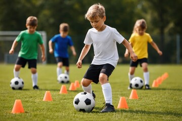 Fototapeta premium Young Boy Practicing Soccer Dribbling Through Training Cones During Youth Football Practice On Outdoor Grass Field. Kids Sports Academy And Skill Development Concept.