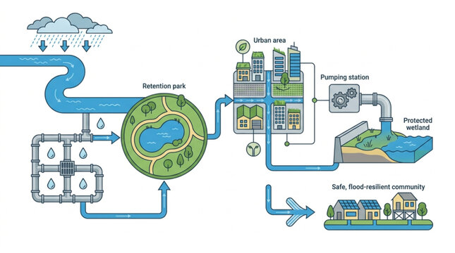 Diagram illustrating sustainable urban water management with rain capture, retention parks, and protected wetlands to create flood resilient communities and safe environments