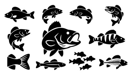 Obraz premium Perch and Bass Freshwater Fish Silhouette Icon Set