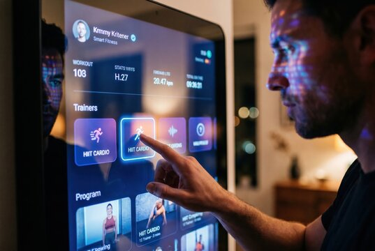 Man working out at home using an interactive smart fitness mirror touching the screen to select a cardio program