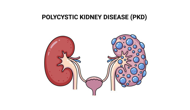 Medical vector illustration comparing a normal kidney with one affected by Polycystic Kidney Disease (PKD), featuring a clean cartoon line style.