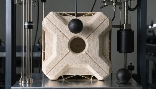 Medium shot of molded fiber RF enclosure prototype being tested for impact resistance in a controlled lab environment with precision measuring tools.