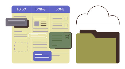 Productivity, organization, workflow, task tracking, cloud storage, project management. Visual of Kanban board with To Do, Doing Done columns and cloud folder. Workflow and task tracking concept © robu_s