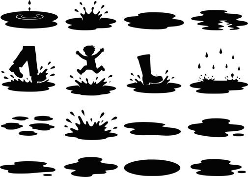 Puddle water splash raindrop silhouettes vector icon set isolated