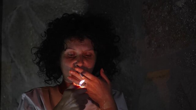 A woman with dark hair lighting cigarette