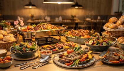 Obraz premium Medium shot of buffet table illuminated by warm overhead lights creating a cozy and inviting atmosphere that enhances the rich colors of the assorted dishes.