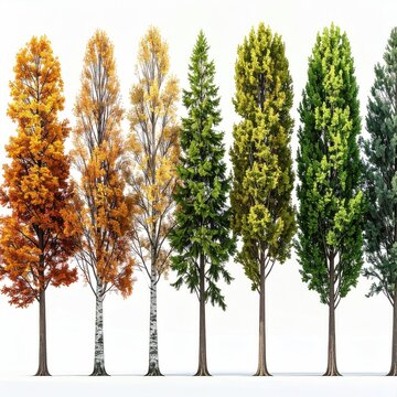 Diverse trees show changing seasons from autumn to summer