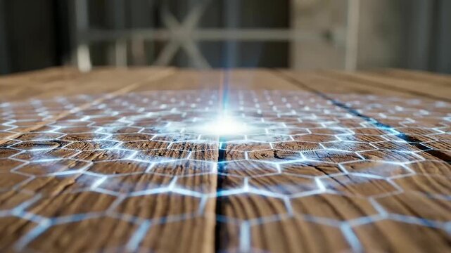 A sophisticated digital twin simulation manifests as a luminous blue holographic grid undulating across a rustic timber surface to illustrate advanced technological integration in architecture