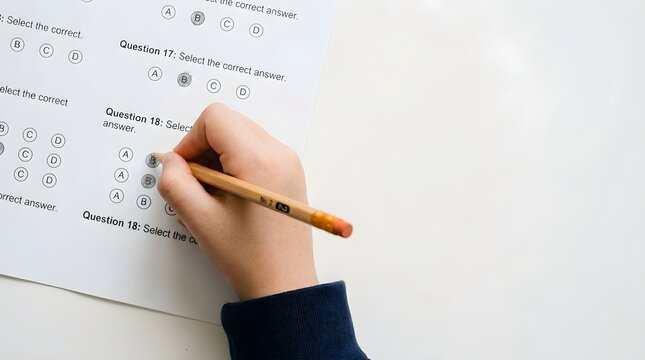 Close up of student hand filling multiple choice answer sheet with pencil during academic exam