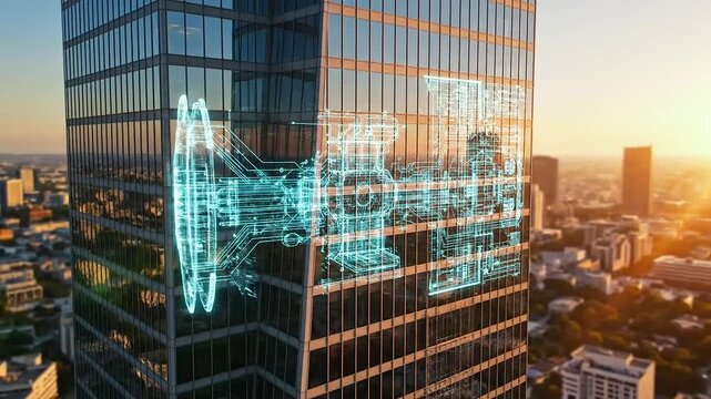A sophisticated Digital Twin Simulation manifests as a glowing blue holographic engine schematic drifting across a towering glass skyscraper during a luminous urban golden hour sunset