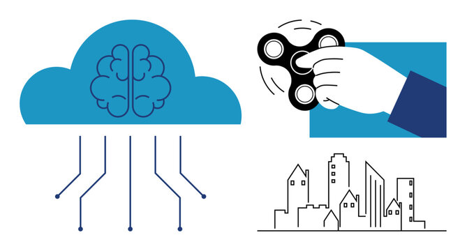 Artificial intelligence, technology, data processing, smart cities, innovation, neural networks. Brain in a cloud, a hand holding a fidget spinner and urban cityscape. Artificial intelligence