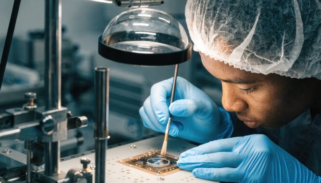 Closeup medium shot of a technician carefully sealing an accelerometer within a compact microelectromechanical system package highlighting precision assembly processes.