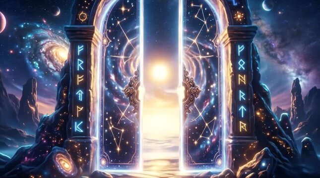 Enchanted cosmic portal doorway leading to a universe of stars and galaxies in a fantasy digital scene