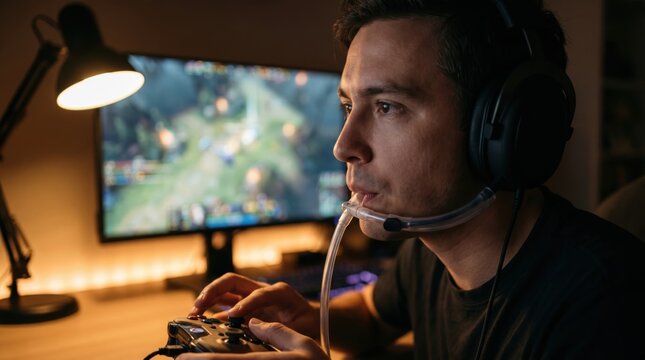 Disabled young man playing a video game on computer using an assistive sip and puff controller