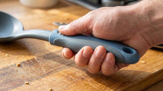 Close up of a hand holding an ergonomic kitchen cooking spoon with a specialized thick rubber grip