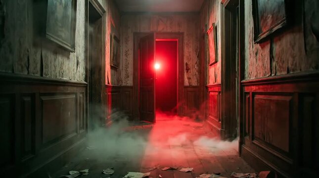 Eerie haunted mansion corridor with glowing red portal and supernatural fog in a dark abandoned building