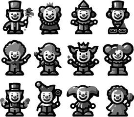 Obraz premium Detailed Collection of Funny Clown Face Illustrations featuring Happy Smile Designs and Cute Red Nose Icons for Kids Birthday Party Logo and Brand Identity