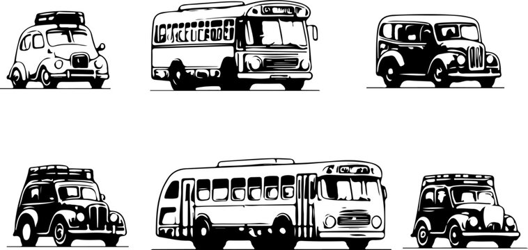 Detailed Collection of Retro Bus and Classic Car Illustrations featuring Vintage Transport Designs with Old Fashioned Aesthetic