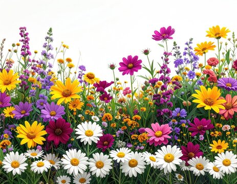 Vibrant meadow teeming with diverse, colorful wildflowers, a naturalistic springtime scene
