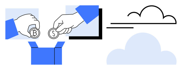 Fototapeta premium Cryptocurrency, digital wallets, cloud storage, blockchain, fintech, online transactions. Hands exchanging Bitcoin and Dollar coins into a box next to a cloud symbol. Cryptocurrency and digital