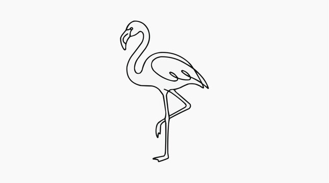 Elegant Flamingo Line Art: A minimalist single line drawing of a flamingo standing on one leg, showcasing its distinctive silhouette and graceful curves.