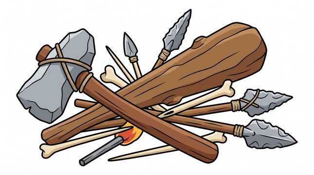 Ancient stone axe and wooden club with primitive spears
