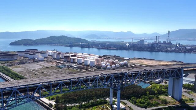 Seto Ohashi Bridge | Green Park | Industry - 4K Aerial Video
