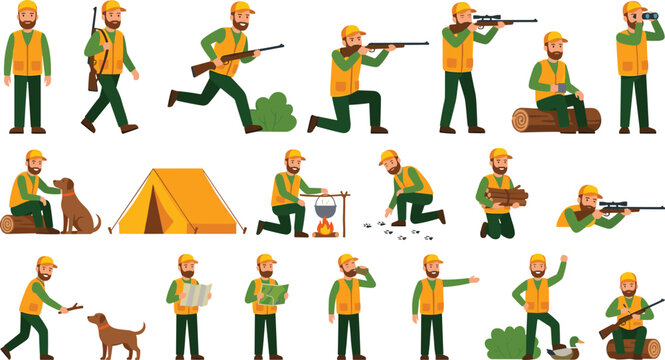 Flat Style Hunter Character Set Featuring Rifle, Dog, Tent, Campfire, Binoculars, and Map Poses for Hunting and Outdoor Adventure Illustrations