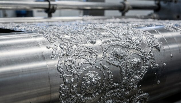 Industrial AC etch process on aluminum foil showcasing chemical treatment creating microtextured surfaces to boost electrolytic capacitor performance.