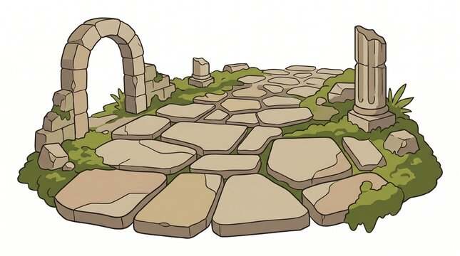 Ancient stone path with broken archway and pillars