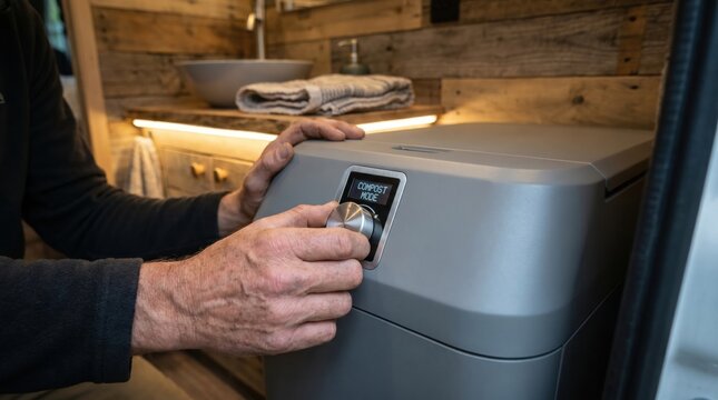 Man adjusting compost mode dial on a portable composting toilet in a campervan