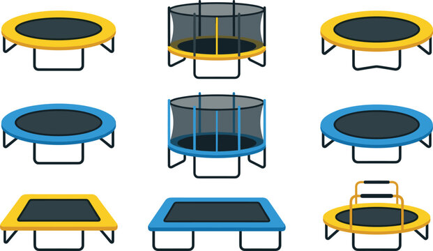 Flat Style Trampoline Set Featuring Round, Square, and Mini Designs with Safety Net in Yellow and Blue Colors for Sport and Play Illustrations