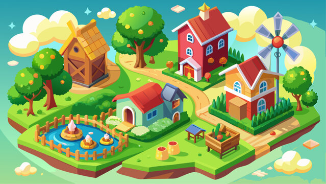 Very beautiful miniature countryside farm with tiny barns, green crop fields, cute animals, and peaceful windmills in charming isometric vector illustration style.