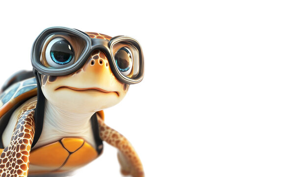 Sea turtle with scuba gear looking curiously in underwater exploration marine scene Isolated on transparent background PNG