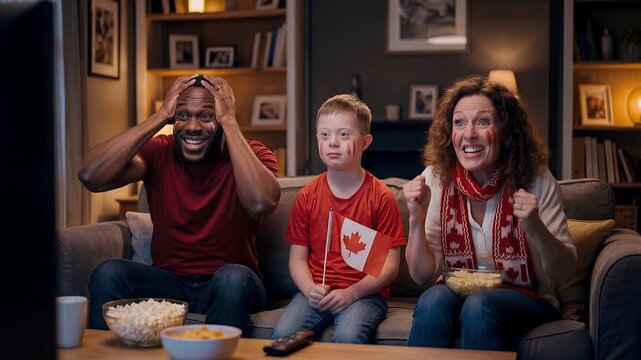 Diverse parents and son with Down Syndrome watching soccer match on TV at home, experiencing intense suspense and erupting in euphoria celebrating a soccer goal while cheering for Canada