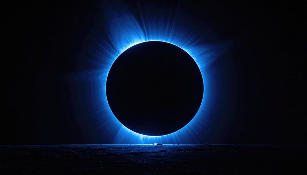 A brilliant blue corona encircles a darkened disc during a solar eclipse