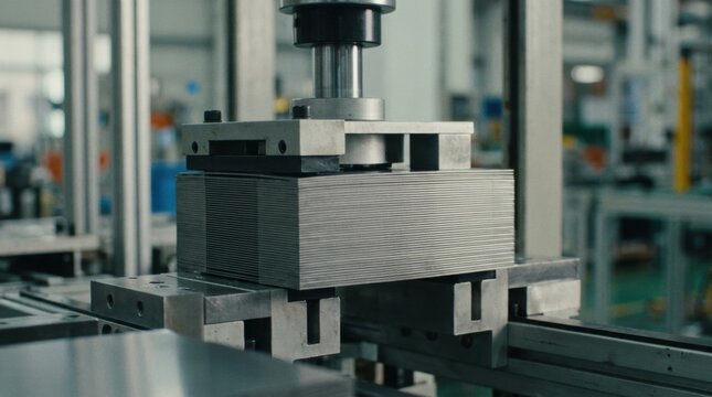 Medium shot capturing the automated clamping process of UItype silicon steel laminations in a transformer manufacturing line highlighting clean alignment and stacking.