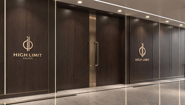 Medium shot of closed luxury salon doors with sleek branded panels and soft ambient lighting emphasizing discreet highlimit entry and elegant design details.