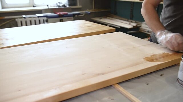 Professional carpenter in protective gloves working in workshop with wooden products, joiner applying gold colour paint on surface of raw wooed plank, worker varnishing wood for further furniture