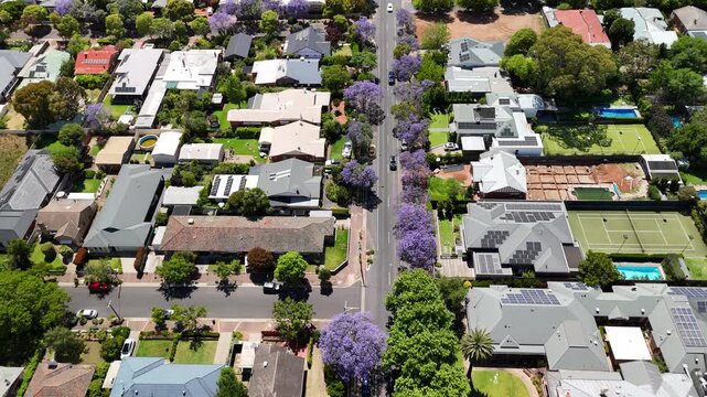 Fullarton, Adelaide, South Australia &ndash; 4K Aerial Drone Footage of, Houses and Estates, Jacaranda Trees, Gridded Streets, Urban Housing and nearby Residential Suburbs of Myrtle Bank, Highgate