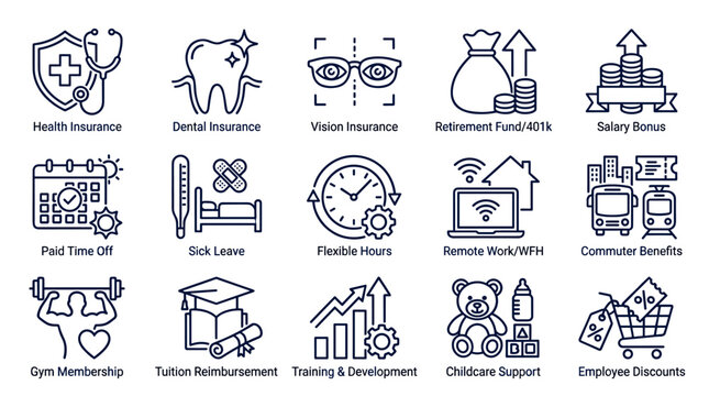 Employee Perks and Corporate Benefits Line Icons Set. Vector Symbols for HR Compensation Package, Health Insurance, Retain Talent, and Flexible Work.