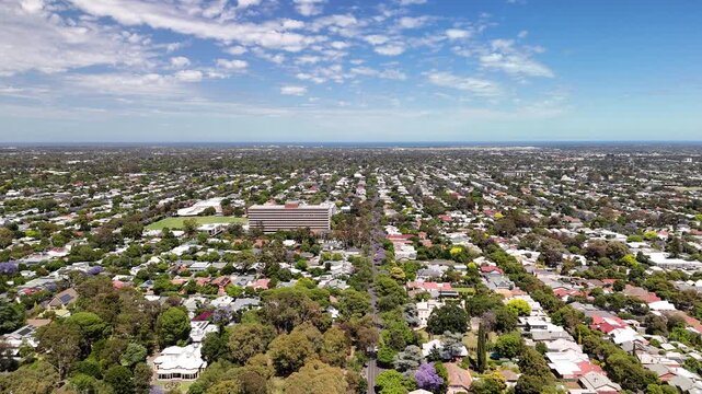 Fullarton, Adelaide, South Australia &ndash; 4K Aerial Drone Footage of, Houses and Estates, Jacaranda Trees, Gridded Streets, Urban Housing and nearby Residential Suburbs of Myrtle Bank, Highgate