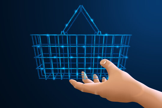 A virtual retail network. A hand holding a glowing shopping basket. The concept of online shopping, e-commerce, virtual marketplace and consumer experience.