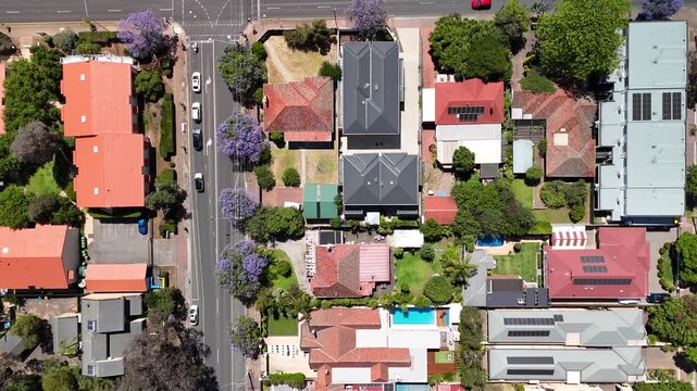 Fullarton, Adelaide, South Australia &ndash; 4K Aerial Drone Footage of, Houses and Estates, Jacaranda Trees, Gridded Streets, Urban Housing and nearby Residential Suburbs of Myrtle Bank, Highgate