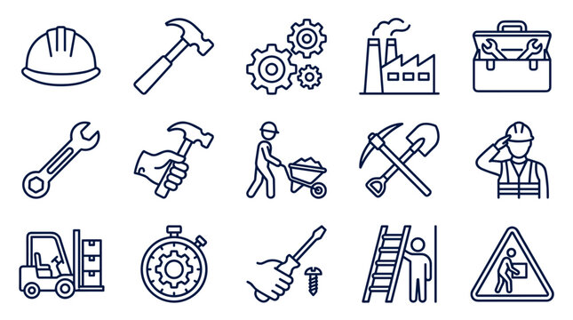 Industrial Work and Construction Line Icons Set. Vector Symbols for Manufacturing, Labor, Building Tools, and Engineering.