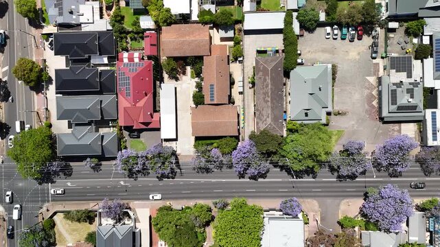 Fullarton, Adelaide, South Australia &ndash; 4K Aerial Drone Footage of, Houses and Estates, Jacaranda Trees, Gridded Streets, Urban Housing and nearby Residential Suburbs of Myrtle Bank, Highgate